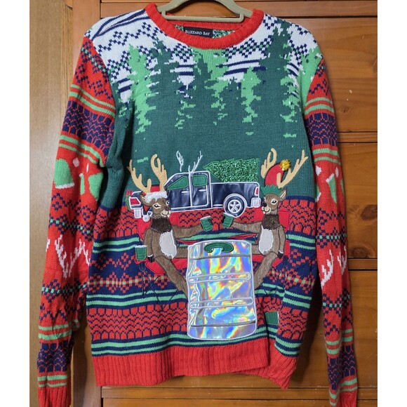 Blizzard Bay Ugly Christmas Sweater Size Medium Deer Hunting Holiday Drinking - Picture 1 of 9